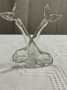 Vintage Clear Glass Double Fish Koi Dolphin Oil & Vinegar Cruet W/Tail Stoppers - Picture 1 of 13