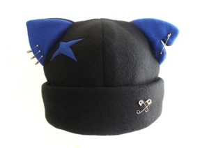 Kitty CAT ear HAT pins beanie BLACK & BLUE battle scar cosplay Easter HALLOWEEN - Picture 1 of 4
