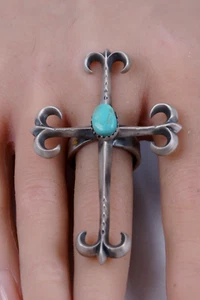 Blue Turquoise Oval Gemstone 925 Cross Shaped 2.5" Ring Size 8 - Picture 1 of 7