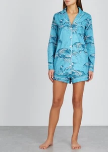 Desmond & Dempsey Bocas Pyjama Set GRÖSSE MEDIUM blau Blumen Blätter Shorts Shirt Schlafanzug - Bild 1 von 12