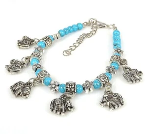 Ladies Tibetan Silver Elephant Bracelet Blue Turquoise Bead Bangle Bracelet - Picture 1 of 2