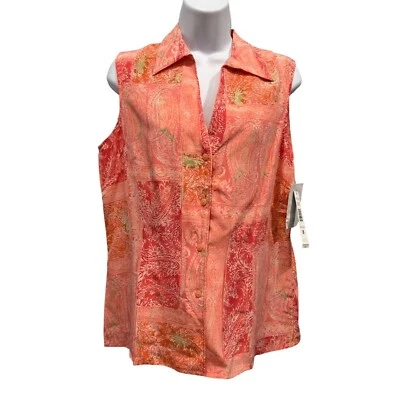 Joneswear Silk Sleeveless Button Up Top Floral Paisley Coral Career Vacation NWT - Image 1 of 4