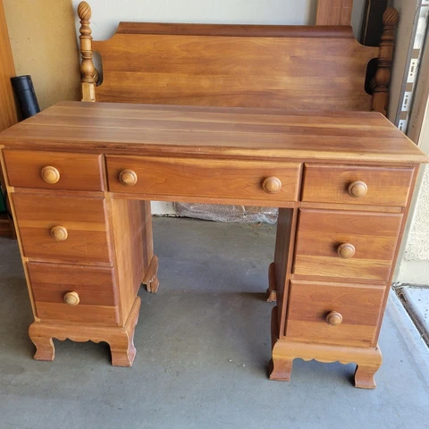 Vintage fullsize solid wood headboard and footboard with vanity, mirror, stool Cover