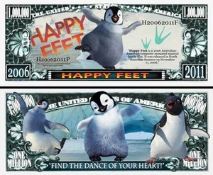 HAPPY FEET ! BILLET MILLION DOLLAR US ! Collection Dessin Animé Pingouin Manchot - Photo 1/1
