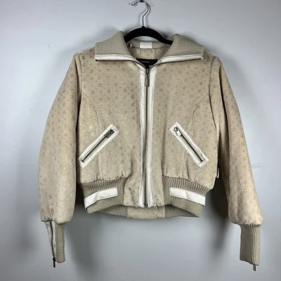 Vtg Y2K Rocawear Fuzzy Tan Winter Down Coat Gold Logo Print Womens Size Medium - Image 1 of 4