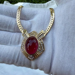 Vintage Nina Ricci Faux Red Ruby Cabochon Necklace Pendant Chain Gold Plated - Picture 1 of 10