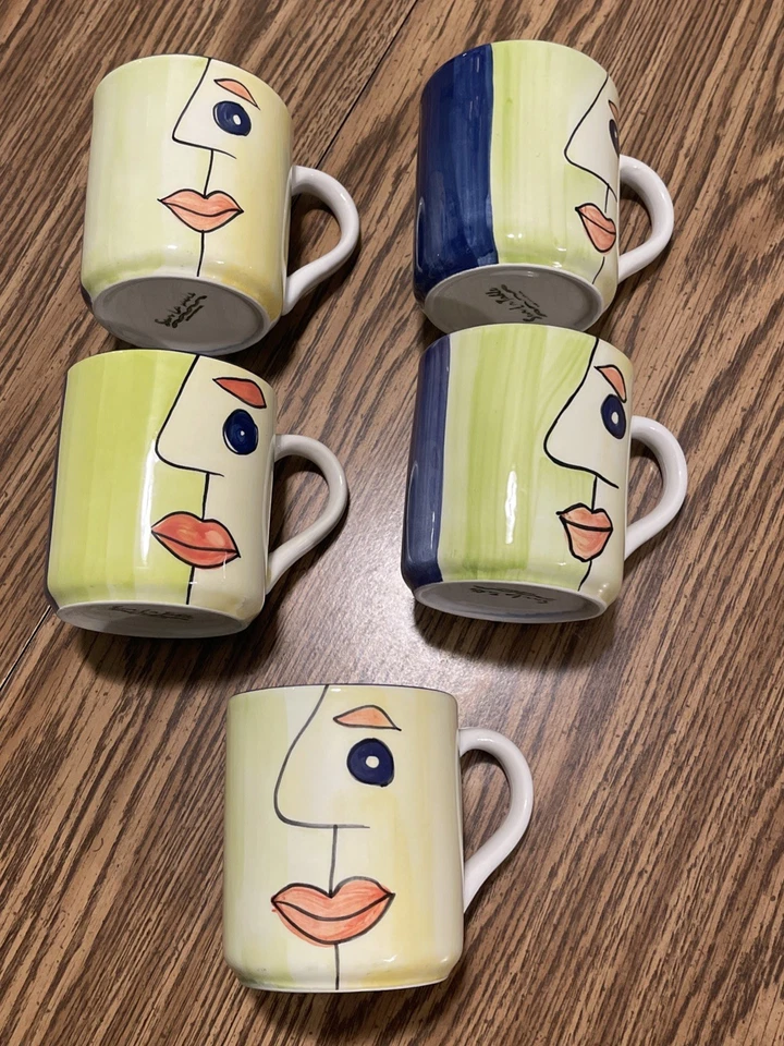 Cinco tazas de café vintage de 4" con cara abstracta estilo Picaso pintadas a mano de mesa Sur La Foto 1 de 4