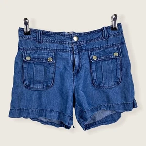 Cache Blue Linen Blend Lace Up Back Mini Shorts Sz 4 Pockets Mid Rise 4" Inseam - Picture 1 of 6