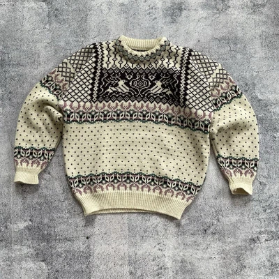 Vintage 90s Men Dale of Norway Wool Sweater Beige Deer Print Crew Neck Size M - Image 1 of 4