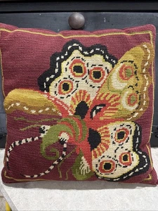 VTG Handmade Crewel Needlework Butterfly Moth Throw Pillow Nature Unique 12” - Picture 1 of 6