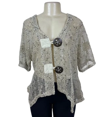Kaktus Womens Beige Mesh Knit Cardigan Button Closure Short Sleeve - Image 1 of 4