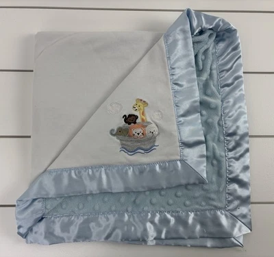 STARTING OUT Baby Blanket Lovey Noah's Ark Blue White Minky Dot Satin - Image 1 of 4