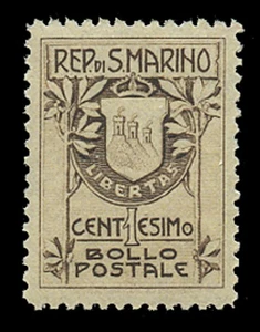 SAN MARINO Sc# 78a, 1910 1c COAT OF ARMS, TYPE 1 (18½ mm), MINT F-VF NH - Picture 1 of 2