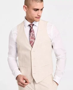 BAR III dress vest mens L Large linen beige tan pockets HOCHVC9Y0017 slim $115 - Picture 1 of 15