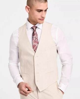 BAR III dress vest mens L Large linen beige tan pockets HOCHVC9Y0017 slim $115 - Image 1 of 4