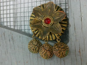 Vtg Art Nouveau Cab Bronze Flower Enbossed Disk Ruffled Layered Art Pin Brooch - Picture 1 of 21