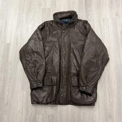 Vintage Nautica Leather Jacket Men's 46 XL Brown Flannel Lined Packable Hood 90s - Image 1 of 4