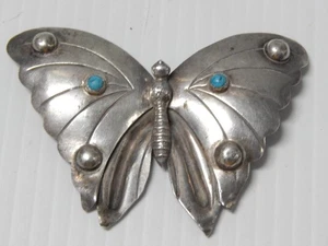 GRANDE SPILLA/SPILLA TURCHESE ARGENTO STERLING FARFALLA MESSICANA VINTAGE - Foto 1 di 5