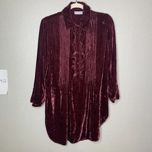 Soft Surroundings Small Velvet Ruffle Tunic Burgundy 3/4 Sleeve Silk Blend - Picture 1 of 7