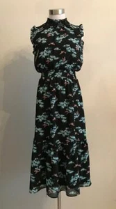 NUEVO CON ETIQUETAS JCrew $118 Vestido Midi Cintura Calada Estampado de Abejas Botánicas M Negro Azul AL210 - Imagen 1 de 6