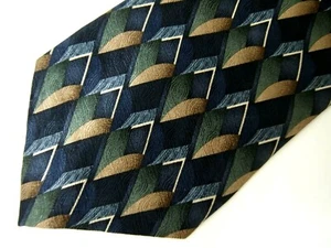 Vtg J. Ferrar Mens Necktie Tie Navy Blue Green Beige Geometric Wide 55" Short - Picture 1 of 4