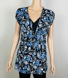New Directions Women’s Short Sleeve Blouse Black Blue Floral Print Large H10 - Picture 1 of 8
