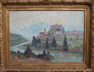 FÜSSEN Lech Allgäu Stadtansicht Öl-Kunstwerk FRITZ ARLT *1887 - 1966 Prunkrahmen - Bild 1 von 5