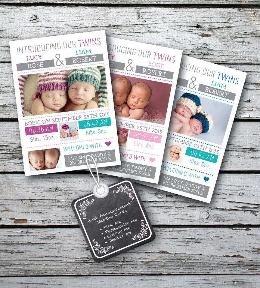 Personalised Twin Baby Thank You Cards. Birth Announcement For Twins x10 pack - Image 1 of 1