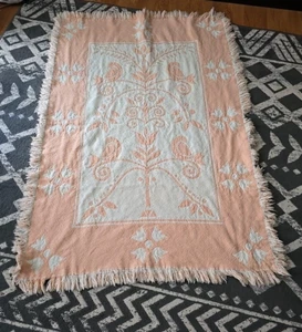 Peach Floral Reversible Afghan Grannycore Fringe Throw Blanket Size 61"x40.5" - Picture 1 of 5