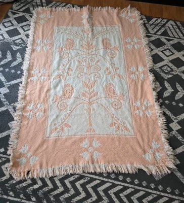 Peach Floral Reversible Afghan Grannycore Fringe Throw Blanket Size 61"x40.5" - Image 1 of 4
