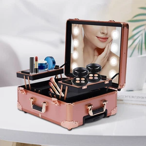 3-Tier Rolling Makeup Train Case LED Salon Cosmetic Trolley Organizer + Mirror - Picture 1 of 22