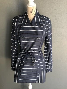 Portmans Lightweight Lined Soft Navy Blue w/ White Stripe Trenchcoat, Brand New - Picture 1 of 11