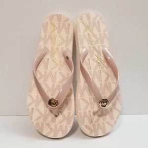 Michael Kors Jet Set Womens Signature Flip Flops Thongs Size 10 Pink/Gold Sandal - Picture 1 of 13