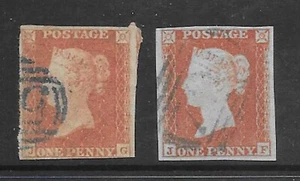 GB 1841 2 x penny red imperf SG8 cancelled in Blue 4 margins fine used stamps - Picture 1 of 1