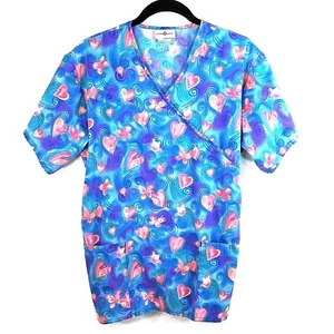 Hearts Butterflies Scrub Top Womens Med Ties In Back V Neck Nurse Cardiologist - Picture 1 of 8