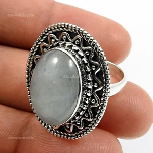 Oval Natürlich Aquamarin Massives Sterlingsilber Cocktail Boho Ring Schmuck Eu 8 - Bild 1 von 9