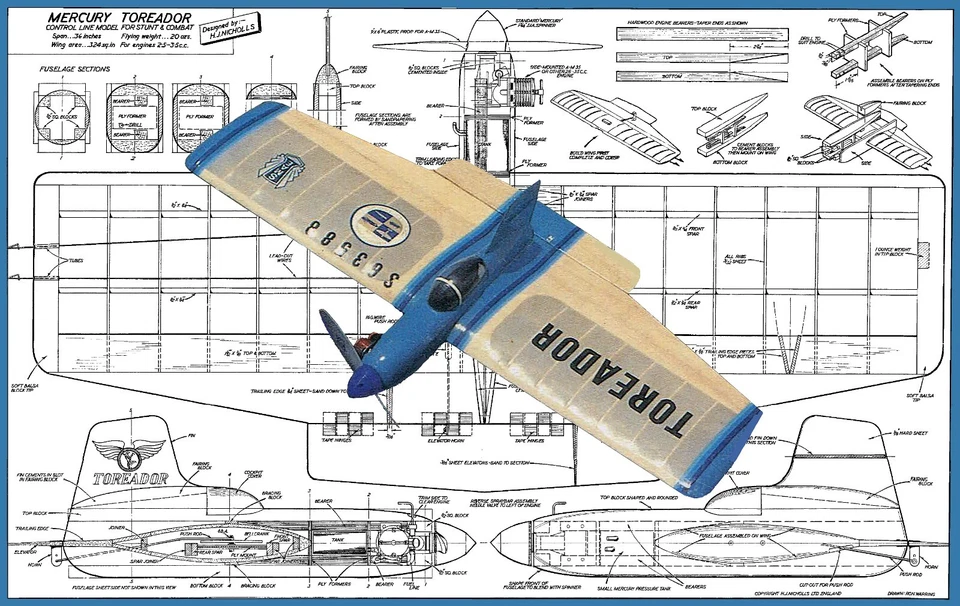 Model Airplane Plans (UC): Mercury TOREADOR 36" Stunt/Combat for 2.5-3.5cc Eng. - Image 1 of 4