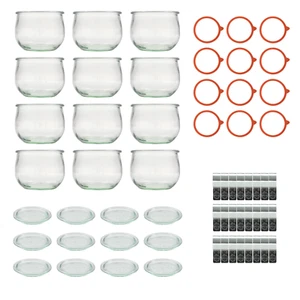 12er Set 580 ml WECK-Tulpenglas Einkochset mit Deckeln, Gummiringen und Klammern - Bild 1 von 10