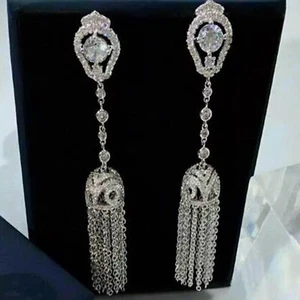 18k White Gold Filled Long Tassel Earrings made w/ Swarovski Crystal Stone - Picture 1 of 11
