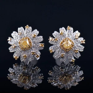 14K White Gold Natural Yellow Diamond Earring Stud Butterfly Backing Width 12mm - Picture 1 of 9