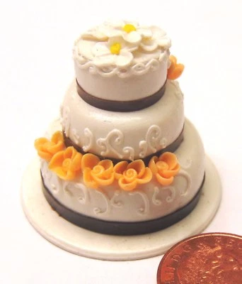 1:12 Maßstab weiß braun & orange 3-stufig Hochzeitstorte Tumdee Puppenhaus ZH