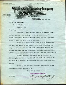 CHICAGO ~ Taylor Mfg. Co., “Noil” Tire Pump” ~ Letterhead May 1913 - Picture 1 of 1