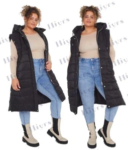 WOMENS GILET JACKET HOODED LONG LINE PUFFER BLACK PADDED TOP BODY WARMER 8-18 - Picture 1 of 3