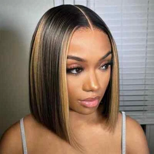 Parrucca Ombre Highlight 13x4 pizzo anteriore pre pizzicato dritta corta bob parrucca capelli umani - Foto 1 di 10