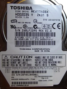 Toshiba MK6034GSX HDD2D35 V ZK01 S | 010 A0/ AH101M | 60 GB  - Imagen 1 de 1