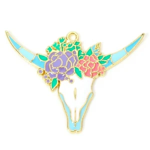 5 llamativos colgantes y detalles de esmalte con forma de calavera de vaca floral azul en tono dorado - Imagen 1 de 1