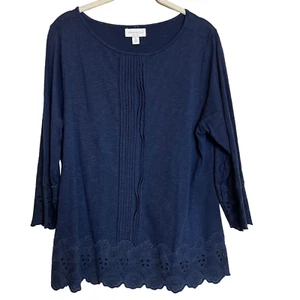 Charter Club Womens Knit Top Petite Large Navy Blue Cotton Pintucked Eyelet - Picture 1 of 6