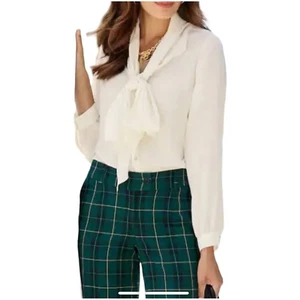 size M Cream Chiffon Tie Neck Blouse Monroe & Main Office Career Corporate Top - Picture 1 of 16