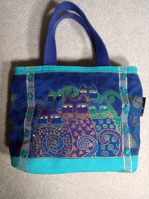 Laurel Burch Indigo Cats Mini Tote Blue Bag 11 x 3 x 8 - Image 1 of 4