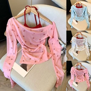 Women Summer Bow Print Casual T Shirt and Halter Vest with Long Sleeves - Picture 1 of 49